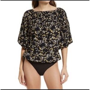 Free People Intimately Bodysuit Womens Sz L Black Floral Puff Sleeve Cottagecore